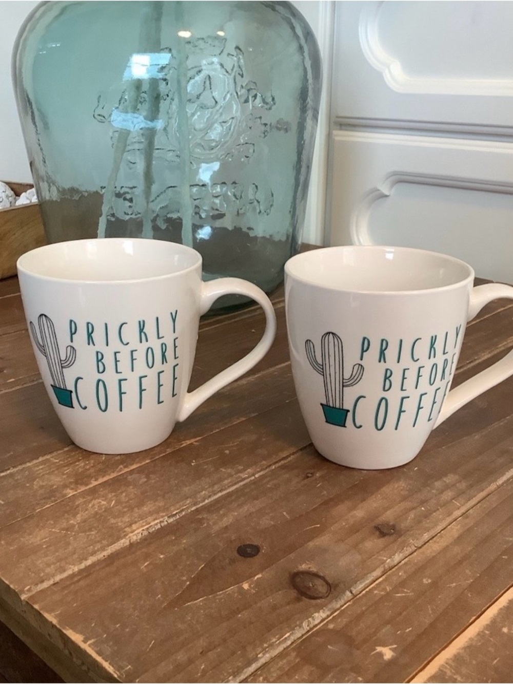 Pfaltzgraff White Mug Pair with Teal Cactus 'Prickly Before Coffee'